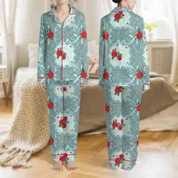 Women's Light Aqua Blue Vintage Lace, Red Rose, Heart & Gold Scrollwork Pattern Satin Pajamas Set
