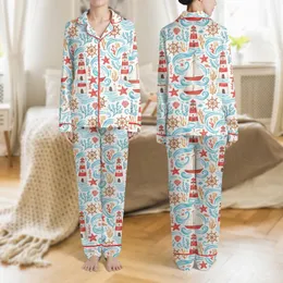 Women's Whimsical Watercolor Nautical Pattern: Red Lighthouses, Bright Blue Waves, Golden Starfish, Sailboats, Coral, Seagulls Satin Pajamas Set