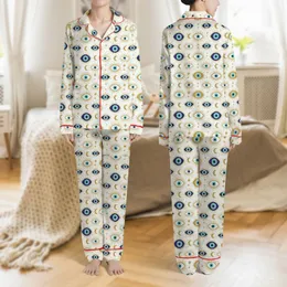 Women's Mystical Eye Amulet, Turquoise Gold Celestial Moons Stars & Radiating Lines Pattern Satin Pajamas Set