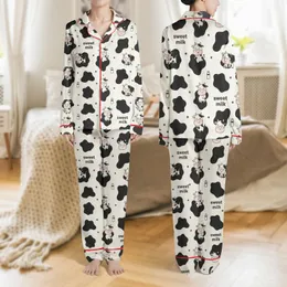 Women's Whimsical Creamy White Cow Spot, Pink-Cheeked Calf & Sweet Milk Pattern Satin Pajamas Set
