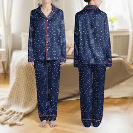 Women's Deep Navy Blue Flat White Minimalist Celestial Stars Moon Outline Constellation Pattern Satin Pajamas Set