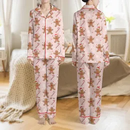 Women's Pale Pink Whimsical Gingerbread Men Red White Candy Cane Snowflakes All-Over Print Satin Pajamas Set