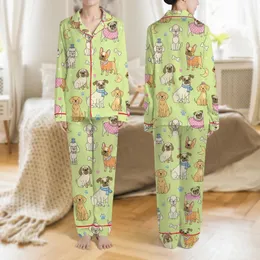 Dog Lovers' Whimsical Cartoon Dog Breeds with Sweaters & Bow Ties, Pastel Lime Green & Pink Polka Dots Satin Pajamas Set