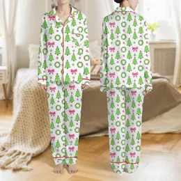 Women's White Pink Green Naive Christmas Trees Wreaths Bows Candy Canes Design Satin Pajamas Set