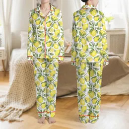 Women's Vibrant Watercolor Yellow Lemons Green Leaf & White Blossom All-Over Pattern Satin Pajamas Set