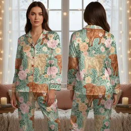 Women's Whimsical Highland Cow Watercolor Peony Rose Botanical Mint Green Blush Pink Peach Pattern Satin Pajamas Set