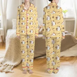 Cat Lovers' Kawaii Calico Cats Boba Tea Yarn Play Napping Pattern Muted Yellow Taupe Satin Pajamas Set