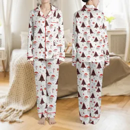 Women's Whimsical Black Red White Cartoon Christmas Santa Tree Candy Cane Pattern Satin Pajamas Set