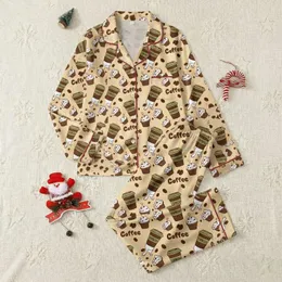 Women's Whimsical Coffee Cup & Cupcake Doodle Pattern on Beige with Espresso, Cream & Hearts Satin Pajamas Set
