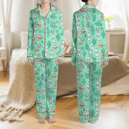 Women's Bright Mint Green All-Over Western Desert Pattern with Teal Cacti, Peach Cowboy Boots, & White Sheriff Stars Satin Pajamas Set
