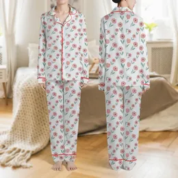 Women's Minimalist Botanical Illustrative Pattern in Dusty Rose Soft Grey-Blue Muted Teal Satin Pajamas Set
