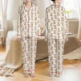 Women's Whimsical Hand-Drawn Teddy Bear & Paw Print Pattern, Cream White Background with Light & Chocolate Brown Motifs Satin Pajamas Set