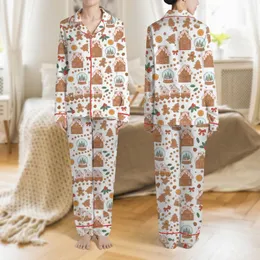 Women's Whimsical Pink Icing Gingerbread House Train Red Holly Flat Art Pattern Satin Pajamas Set