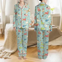Dog Lovers' Whimsical Teal Multi-Breed Dogs Playful Flat Art Pink Blue Red Accents Pattern Satin Pajamas Set