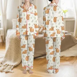 Women's Whimsical Highland Cow Ginger Fur Blush Pink Botanical Pattern Satin Pajamas Set