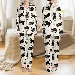 Women's Playful Black Cartoon Cats Light Cream Pattern with Pink Hearts, Blue Paw Prints & Whimsical Treats Satin Pajamas Set