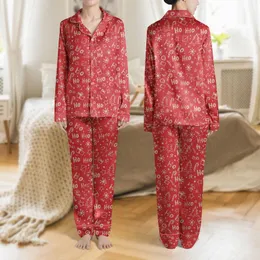 Festive Celebrators' Vibrant Christmas Red Hand-Drawn 'Ho Ho Ho' Text, Snowflake, Candy Cane & Present Pattern Satin Pajamas Set