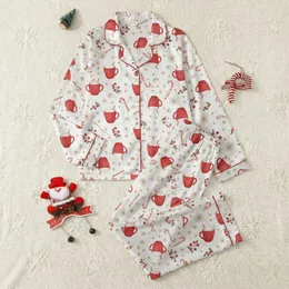 Women's Whimsical Festive Red White Golden-Brown Candy Cane Mug Berry Snowflake Pattern Satin Pajamas Set