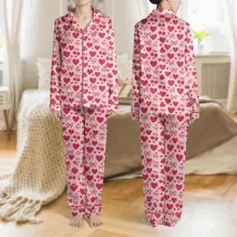 Women's Pastel Pink Fuchsia Illustrative Hearts Elegant Bows Cherry Clusters Whimsical Pattern Satin Pajamas Set