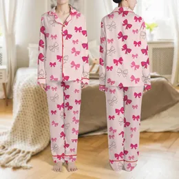 Women's Whimsical Fuchsia Hot Pink Magenta Bows with Crisp Black Outlines on Soft Blush Pink Satin Pajamas Set