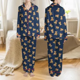 Women's Deep Navy Blue Illustrative Golden Brown Caramel Scattered Teddy Bear Pattern Satin Pajamas Set