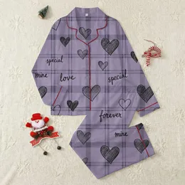 Women's Violet Lavender Plaid Distressed Hearts Black Script Love Pattern Satin Pajamas Set