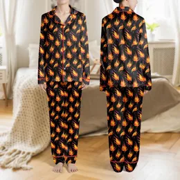 Women's Vibrant Abstract Fiery Wisps, Orange Yellow Magenta Pink Curves on Black Satin Pajamas Set