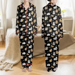 Women's Whimsical Cartoon Cat All-Over Pattern Black Tan White Pink Hearts White Meow Satin Pajamas Set