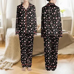 Women's Whimsical Organic Scatter Light Pink White Varied Doodle Hearts on Black Satin Pajamas Set