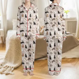 Cat Lovers' Muted Beige-Pink Illustrative Playful Cats Diverse Fur Patterns Satin Pajamas Set