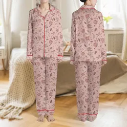 Women's Muted Rose Pink Minimalist Stylized Floral Botanical Pattern Delicate Black Line & Dusty Pink Shapes Satin Pajamas Set