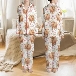 Cottagecore Fans' Fluffy Highland Cow Watercolor Wildflower Meadow in Pink, Green, Brown Satin Pajamas Set