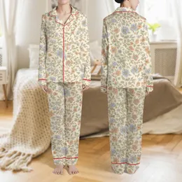 Women's Cream Vintage Botanical Floral Peach Blue Sage Leaf Berry Pattern Satin Pajamas Set