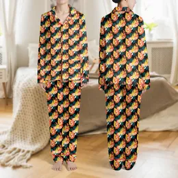 Dynamic Style Seekers' Bold Black Abstract Yellow Orange Flame Muted Teal Coral Blob Pink Five Pcs Art Satin Pajamas Set