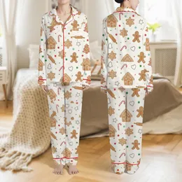 Women's Whimsical Cream Off-White Christmas Baking Gingerbread Cookie Pattern Satin Pajamas Set