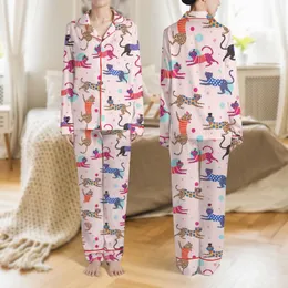 Women's Whimsical Pastel Pink Leopard Print with Colorful Spotted Leopards, Patterned Sweaters & Star Shapes Satin Pajamas Set