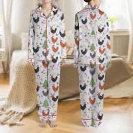 Women's Whimsical Christmas Chickens Lilac Pattern with Red Santa Hats, Festive Tree Chicks, Colorful Lights & Green Antlers Satin Pajamas Set