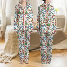 Learning Enthusiasts' Lively Naive Art School Theme All-Over Print Red Yellow Blue Green Education Elements Satin Pajamas Set