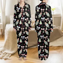 Women's Whimsical Black Nutcracker & Holiday Trees Pattern, Hot Pink, Baby Pink, Light Blue, Lime Green Accents Satin Pajamas Set