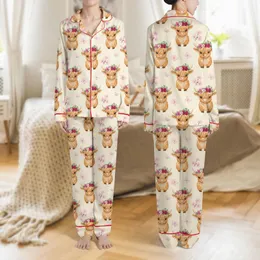 Women's Whimsical Baby Highland Cow Fuchsia Pink Cherry Blossom Butterfly Pattern Satin Pajamas Set