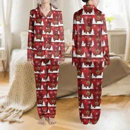Women's Deep Red Buffalo Plaid Whimsical Reindeer Snowdrift Evergreen Festive Art Satin Pajamas Set