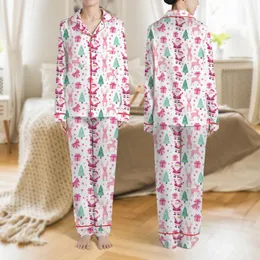 Women's Whimsical Fuchsia Pink Santa, Elegant Reindeer & Teal Green Holiday Pattern Satin Pajamas Set