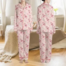 Women's Playful Soft Pastel Pink Fuchsia Mint Green Candy Cane Bow Polka Dot Pattern Satin Pajamas Set
