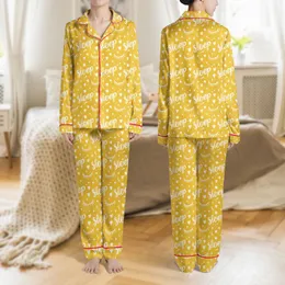 Women's Vibrant Yellow Dreamy Sleep Script & Celestial Elements Pattern Satin Pajamas Set