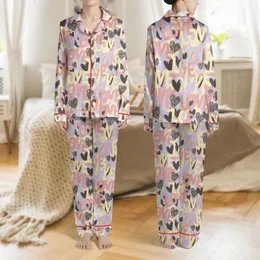 Women's Playful Rose Pink Lavender Yellow Blocky LOVE & Scribbled Heart Pattern Satin Pajamas Set