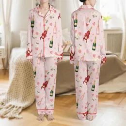 Women's Luxurious Pastel Pink Champagne Bottle Rose Heart Pearl Dot Pattern Satin Pajamas Set