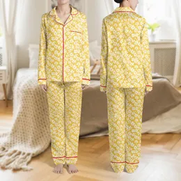 Women's Vibrant Sunny Yellow Hand-Drawn Cream Daisy Bloom Repeat Pattern Satin Pajamas Set