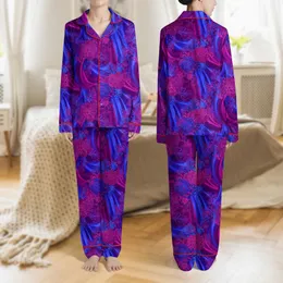 Women's Elegant Fuchsia Royal Blue Purple Ornate Lace Abstract Flowing Pattern Satin Pajamas Set