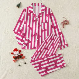 Women's Crisp Hot Pink White Vertical Stripes Scattered Bright Pink Reddish-Brown Bows Satin Pajamas Set