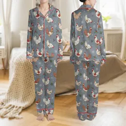 Women's Whimsical Santa Hat Chicken & Rooster Muted Gray Christmas Scatter Pattern with Holly & Gifts Satin Pajamas Set